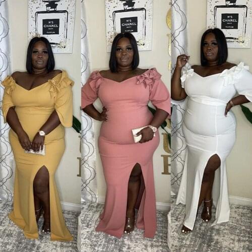 Plus Size 5XL Women Long Maxi Dress Ruched Split Robe Elegant Chic Party Off The Shoulder Floor-length Dresses Vestidos
