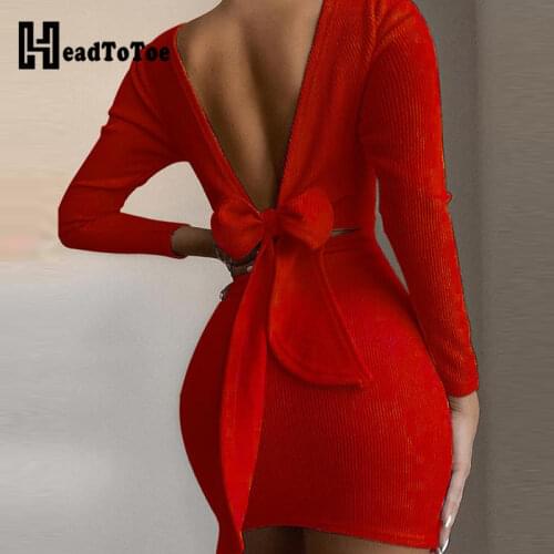 Open Back Knotted Long Sleeve Bodycon Dress Women Solid Low Cut Mini Party Dress