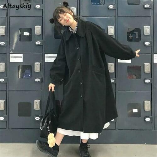 Blends Women All-match Teens Tender Leisure Elegant Daily Pure Pockets Single Breasted Thicker Female Clothes Popular Overcoat