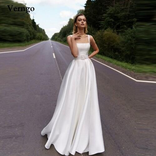 Verngo Simple A Line Wedding Dress 2021 Square Neck Straps Floor Length Bridal Party Gowns With Leather Belt Women Formal Dress