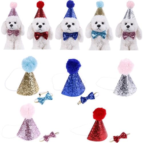 1PC Pet Dogs Caps Cat Dog Birthday Costume Sequin Design Headwear Cap Hat Christmas Party Pets Accessories tie