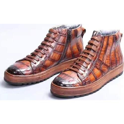 Tan color 100% Genuine crocodile skin leather men fashion shoe winter boots with cow skin lining black color free shipping