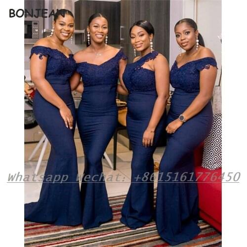 2021 Navy Blue Bridesmaid Dresses Mermaid Lace Off-The-Shoulder Elastic Satin African Bridesmaid Dress for Women Wedding