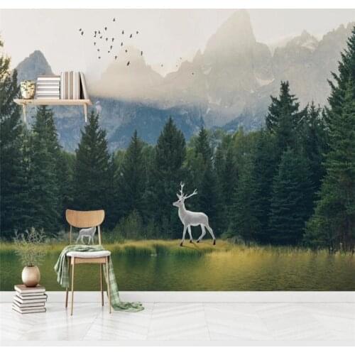 Milofi custom 3D wallpaper mural Nordic simple and fresh forest big tree morning mist elk background wall home decoration wallpa