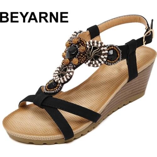 BEYARNE New Arrival Women Sandals Wedges Shoes Casual Shoes Women Beading Bohemia Fahion High Heels Free Shipping