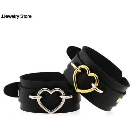 Fashion Punk Heart Bracelet Black Leather Wristband Cuff Goth Armbands Bracelets Women Men Metal Jewelry Black