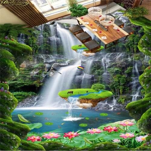 Beibehang Custom Photo Floor Painting Wallpaper Ground Stick Lawn Cliff Waterfall Small Island Lotus Bathroom Kitchen 3D Floor