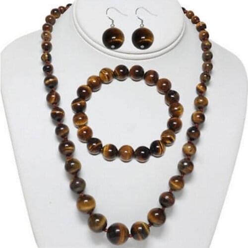 Hot sell new - Tiger Eye Brown Color Round Bead Necklace Bracelet and Earrings Set18K gold plated watch wholesale