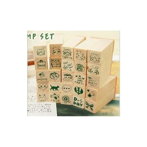 HAPPY LIFE DIARY STAMP SET Seal Stamp Box Handwriting Stamp Antique Wooden Rubber Stamp with case 25 design lot
