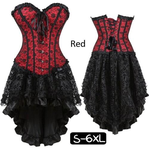 Fashion Womens Sexy Lace Bow Plus Szie steampunk corset dress Bustier Shapewear party Costume Petticoat Skirts with G-String