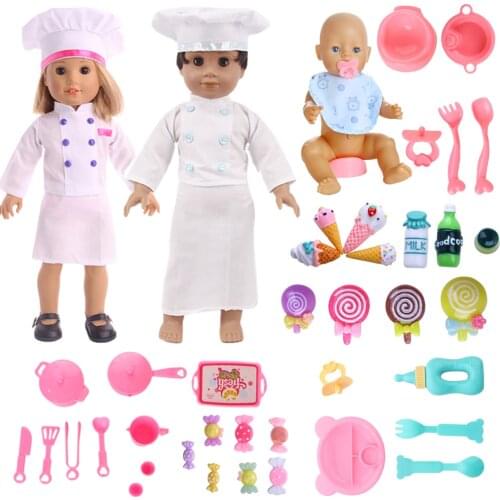 Doll Clothes Chef Overalls Utensils,Candy, Snacks Fit 18 Inch American 43cm Baby Doll Accessories,Girls Toys,Birthday Gift