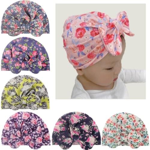 Cute Bohemia Style Printed Flower Indian Baby Hat Cotton Blend Newborn Infant Kids Girls Turban Bow Knot Beanie Caps Headwear
