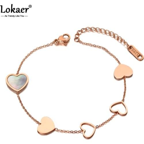 Lokaer Trendy Shell Heart Charm Anniversary Bracelet Bangle Stainless Steel Bohemia Chain & Link Women Bracelets Jewelry B19117