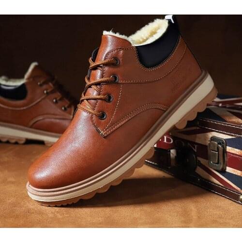 Mens Causal Shoes Plush Warm Winter Leather Boots Fashion British High-top Cotton Footwear Men Snow Boots Platform Work Booties