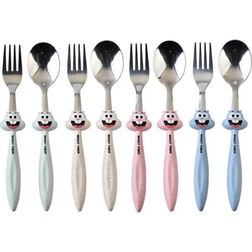 2 Pcs/set Baby Feeding Spoon Fork Cutlery Set Kids Children Cartoon Stainless Steel Tableware
