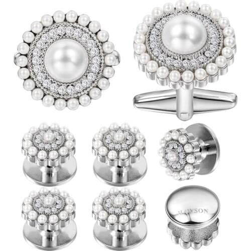 HAWSON Elegant Cufflinks Studs Set for Men and Women Classic White Pearl&Crystal Tuxedo Shirt Cuff Studs Engraved HAWSON LOGO