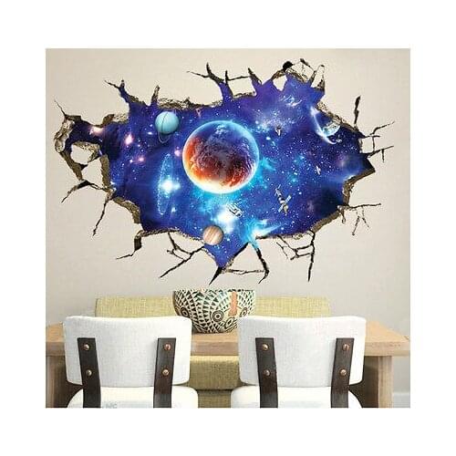 Outer Space Planet Wall Sticker 3D Effect Through Wall Home Decor Galaxy Mural Decals Living Room Bedroom Decoration