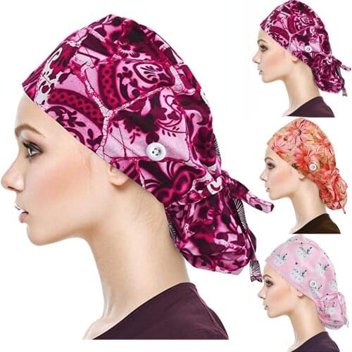 New Fashion Scrub Cap With Buttons Bouffant Hat With Floral Print Adjustable Bandage Sweatband for Womens and Mens Nursing