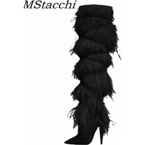 MStacchi Winter Novelty Women Boots Suede Cross-tied Pointed Toe Party High Heel Shoes Sexy Ostrich Feather Over The Knee Boots