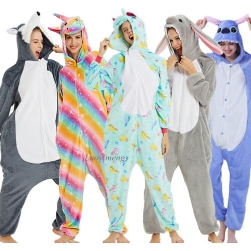 Kigurumi Panda Stitch Onesies For Women Pajamas Animal Adults Cartoon Sleepwear Winter Unicorn Pyjama Kugurumi Nightie Overalls