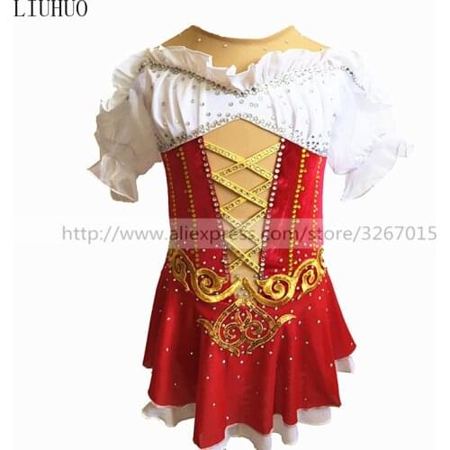 Figure Skating Dress Womens Girls' Ice Skating Dress Competition clothing Red and white Golden stripe decoration Short sleeve