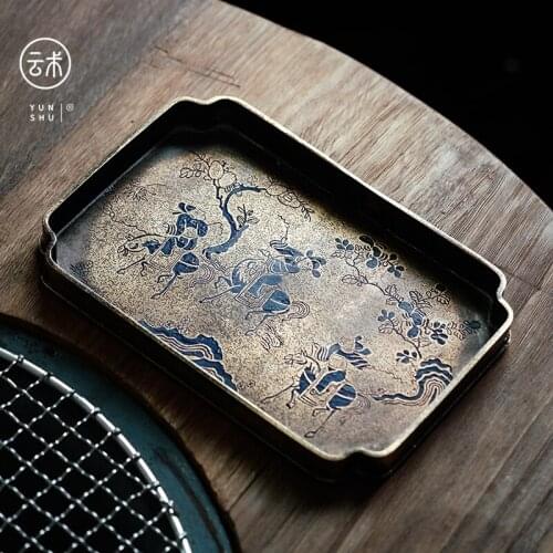 Song Style Antique Pure Copper Painted Pot Tray Pure Handmade Brass Pot Mat Household Small Dry Tea Table Tea Tray