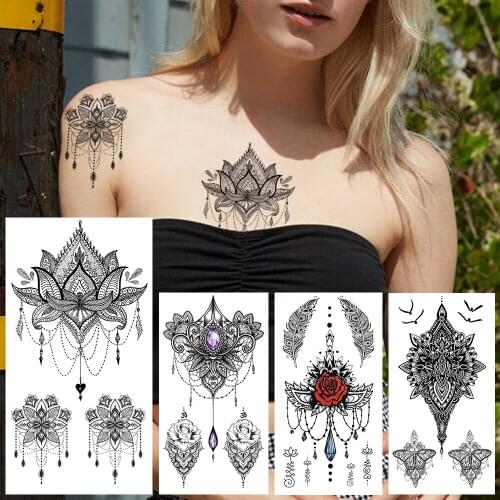 Sexy Pendants Temporary Tattoo For Women Black Fake Jewelry Tattoos Sticker Feather Henna Rose Flower Tatoo Chain Chest Shoulder