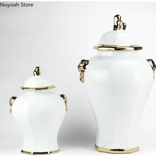 Modern Golden Stroke Milky White Ginger Jar Double Ear Polygon Storage Jar Decoration Living Room Flower Arrangement Accessories