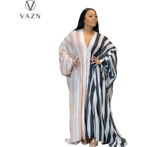 VAZN 2021 INS Free Patchwork Striped Chiffon High-end Long Dress Open Stitch Nature Full Sleeve Women Loose Maxi Dress