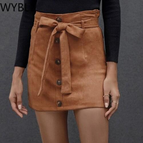 WYBLZ Autumn Winter Women Skirts Fashion Elastic High Waist Bandage Belt Mini Skirts Casual Button Solid Color Slim A-line Skirt