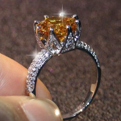 Crown Band Rings for Women Stunning Luxury Jewelry 925 Sterling Silver Round Cut Yellow CZ Party Wedding Cute Ladies Ring Gift