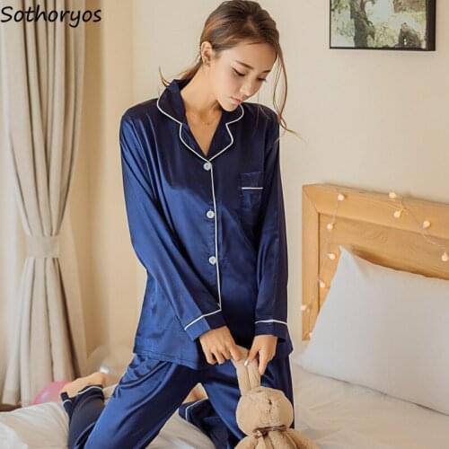 Pajama sets women 2020 large size all-match trendy solid ladies home clothing Korean style turn-down collar womens pajamas chic