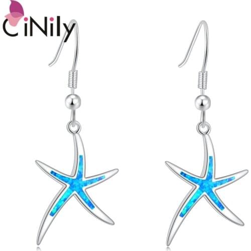 CiNily Blue& White Created Fire Opal Silver Plated Wholesale Lovely Starfish for Women Jewelry Dangle Earrings 1 5/8" OH4131-32