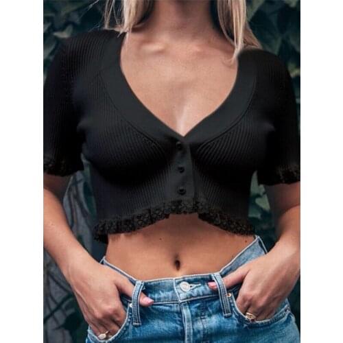 Elegant Ribbed Knitted Lace Crop Top Women T-shirts Slim V-Neck Tees French Style T Shirts Mujer Outfits Sexy Button Rib T-shirt