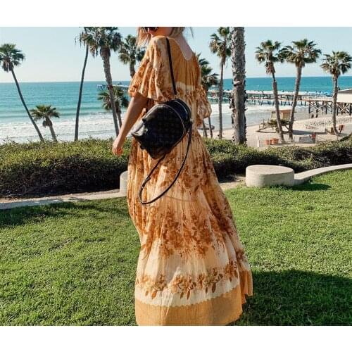 2020 Pink/Orange Women Floral Print Chic Midi Dress Boho Beach Loose Casual Short Sleeve V Neck Sexy Hippie Vintage Vestidos