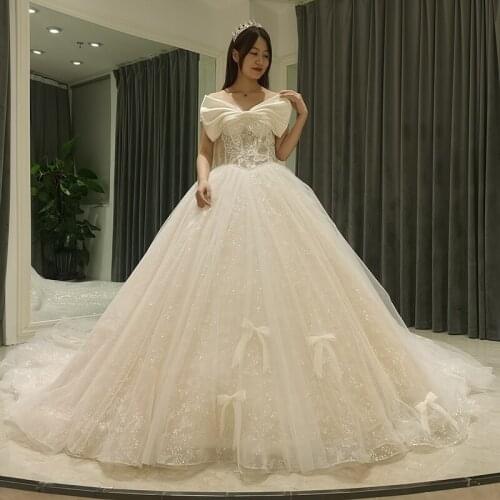 AmL 8335 wedding dress luxury Shiny celebrity woman long party lace Floral exotic sequin perfect princess Elegant train bridal