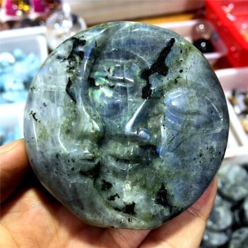 1pcs Lovely natural colorful Labradorite feldspar hand-carved lovely sun moon face home decoration Christmas gift