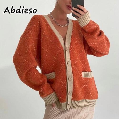 Abdieso 2021 Vintage Plaid Oversized Cardigan Womens Sweater Long Sleeve Green Fashion Casual Knitted Cardigan Autumn Winter