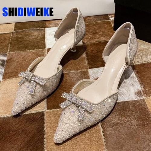 Shining Rhinestones High Heels Pumps Women Dress Shoes Women Sexy Party Pointed Toe Shoes Woman Beige Slip on Pumps Mujer 2021