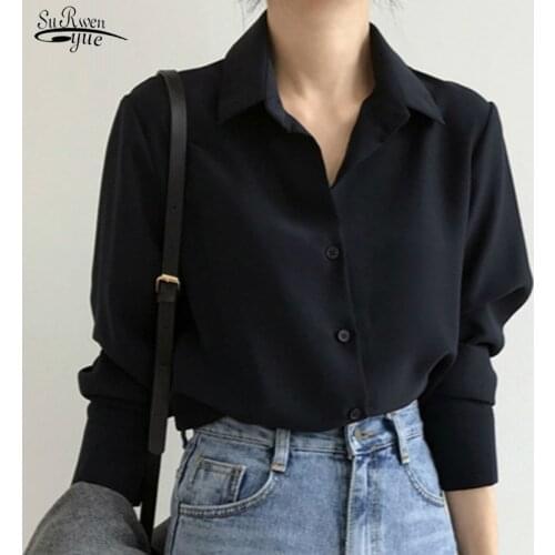 Long Sleeve Women Blouses Office Turn-Down Collar Tops New Spring Loose Chiffon Shirt Blouse Women Plus Size Shirts Blusas 6830