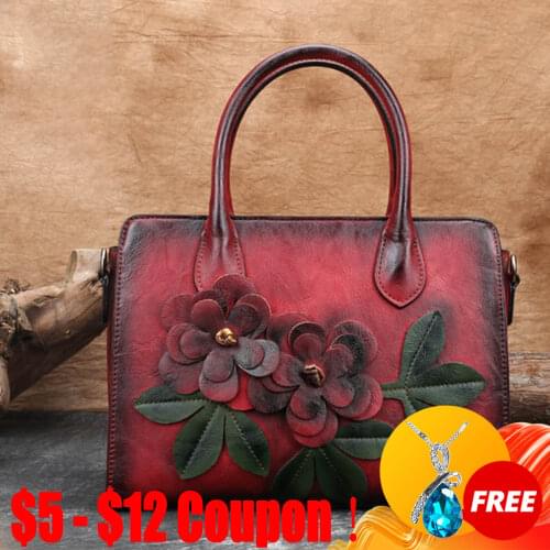 CGA Genuine Leather Handbags Crossbody Tote Embossed Bags Floral Female First Layer Cowhide For Women Messenger Shoulder Bag