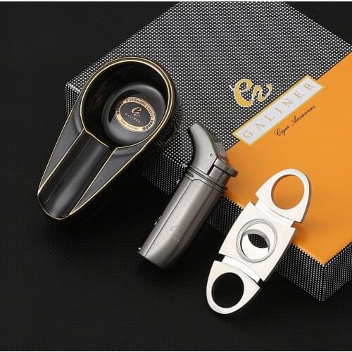 GALINER Windproof Cigar Lighter Gadget Torch Jet Lighters Metal Cigar Cutter Tobacco Pocket Home Cigar Ashtray Men Gift