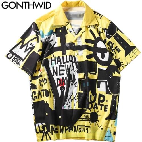 GONTHWID Hip Hop Graffiti Hawaiian Aloha Fancy Beach Shirts Streetwear 2020 Summer Mens Casual Camp Holiday Dress Shirts Male