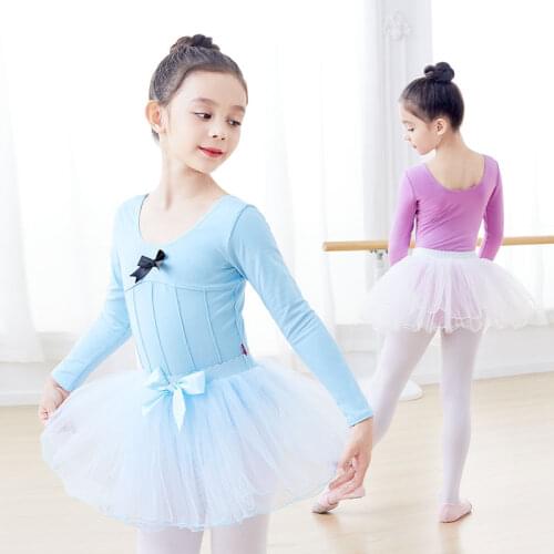 Girls Ballet Leotard With Tutu Skirts Sets Bow knot Long Sleeve Ballet Dress Training Dance Leotard With Pettiskirt
