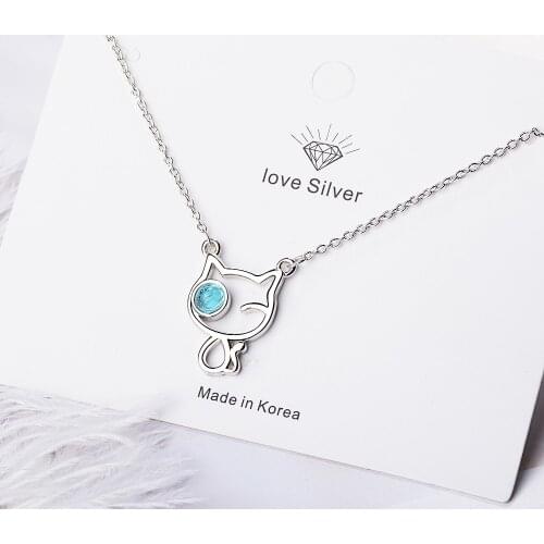 925 Sterling Silver Exquisite Cute Cat Pendant Blue Crystal Necklace Animal Jewelry Gifts For Women Dropshipping S-N446
