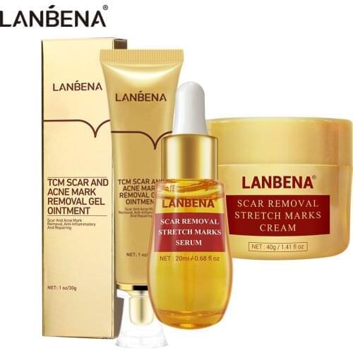 LANBENA Skin Scar Treatment Sets Scar Repairing Cream Remove Serum Skin Repair Stretch Essence Acne Marks Face Care Kit 3Pcs/Set