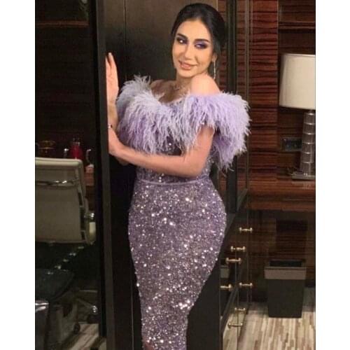 Best Selling Scoop Off the Shoulder Short Sleeve Feather Bling Bling Sequins Slit Sheath Prom Dresses