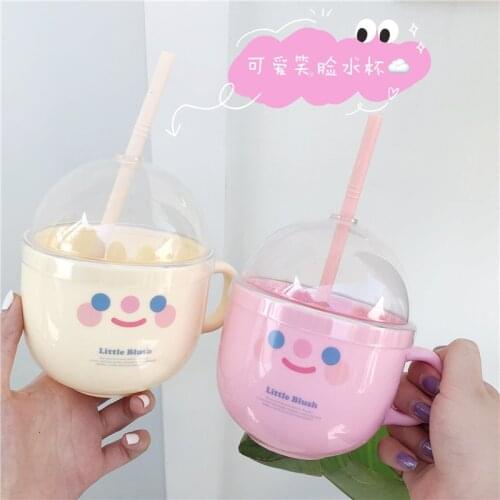 Cute Water Drinking Cup Anti-dust Bowl Glass Mugs Cap Tea Cup Creative Smiley Face With Straws Cups Simple Mug Coffee Drink Mug