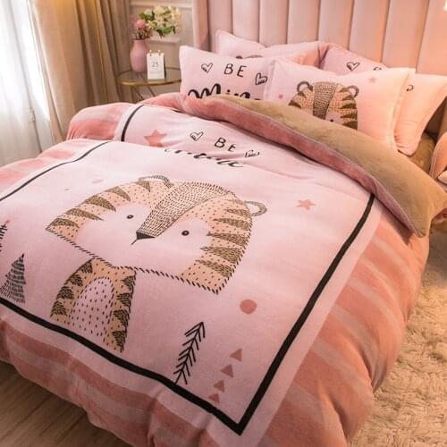 Hug tiger cartoon soft coral velvet warm and comfortable velvet home textile quilt cover four-piece set
