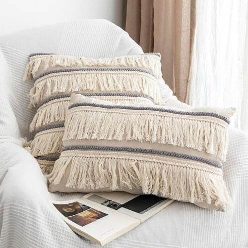 Nordic Tassels Beige Cushion Cover Cotton Linen Fringe Grey Pillow Case Embroidery Sofa Bed Throw Pillow Covers Home Decoration